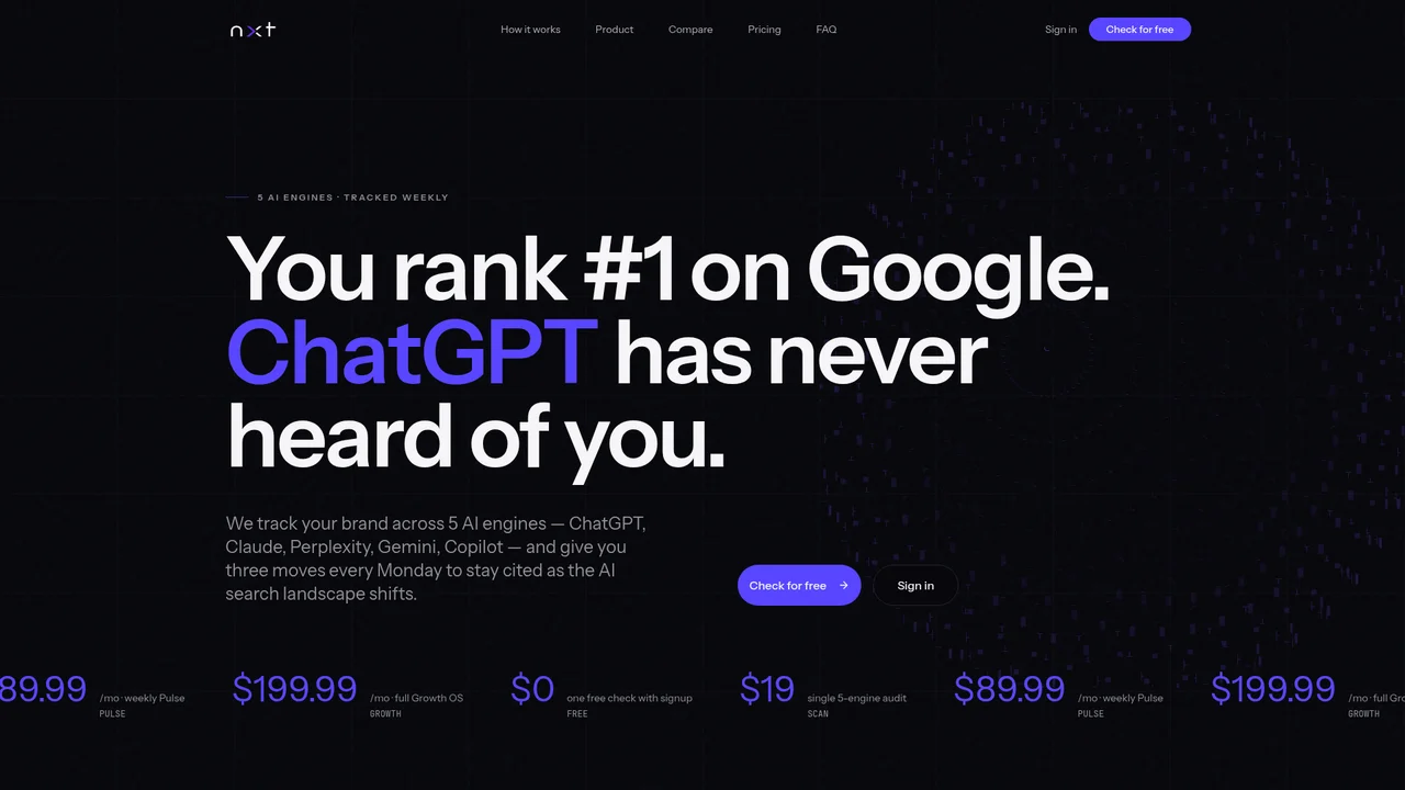 NxtLure homepage showing AI search visibility tracking across five AI engines